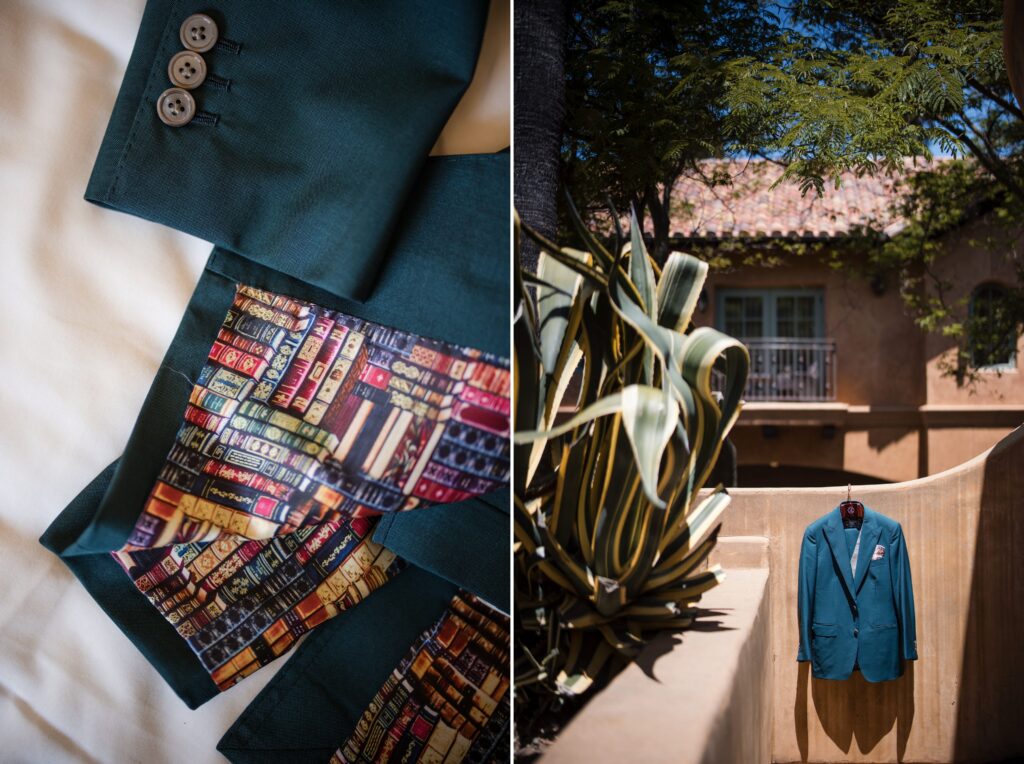 A teal suit jacket hangs on an outdoor wall amid lush foliage, reminiscent of a Nestldown wedding. A close-up showcases the suit's cuff buttons and its colorful interior lining, adding a touch of elegance to the natural setting.