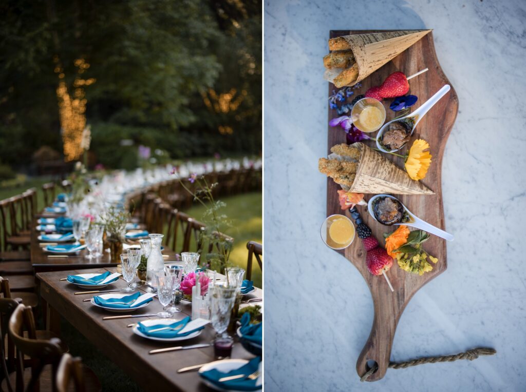 Left: A long, outdoor dinner table set with blue napkins, glassware, and floral arrangements at a Nestldown wedding. Right: A wooden board with assorted appetizers, including cones, fruit, and dipping sauces.