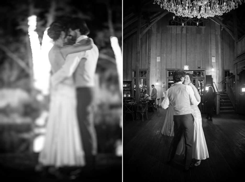 A couple dances closely under a chandelier in a dimly lit wooden hall. The left image is blurry and shows them outdoors, while the right image is clearer and indoors, capturing the intimate essence of their Nestldown wedding.