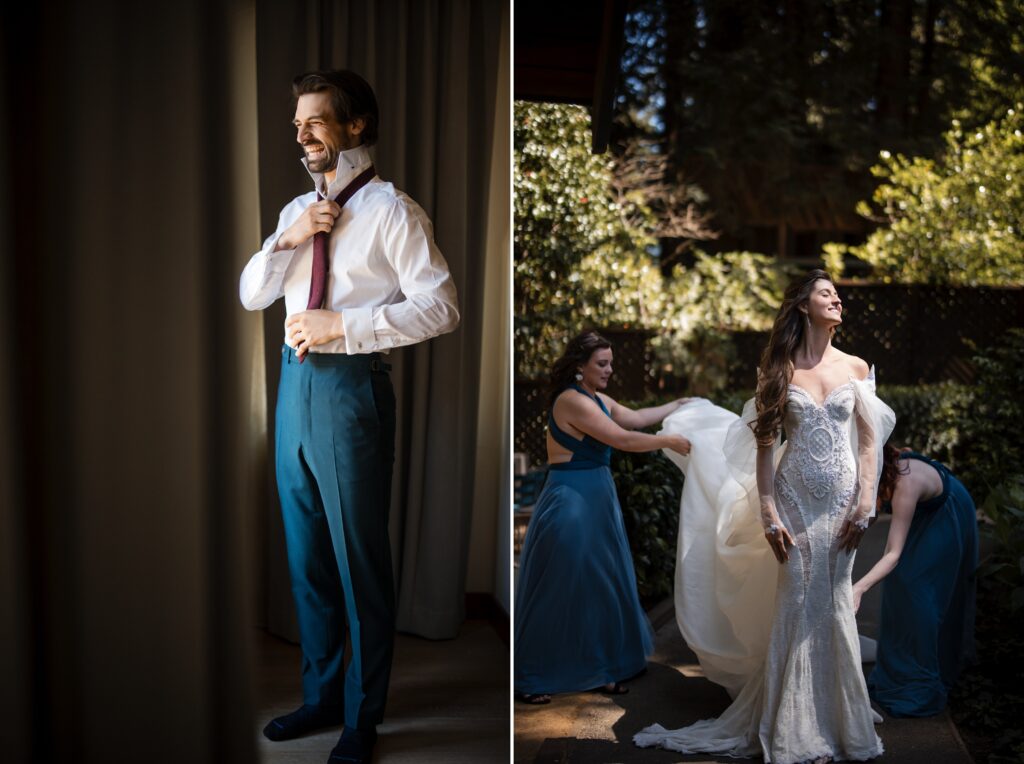 Left: A man smiles while adjusting his tie in front of a curtain. Right: At a beautiful Nestldown wedding, a woman in a white wedding dress stands outdoors while two people in blue dresses adjust her gown.