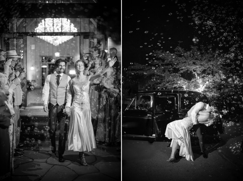 A newlywed couple walks through applauding guests under falling lights on the left, and shares an embrace by a vintage car at night on the right, capturing the magic of their Nestldown wedding.