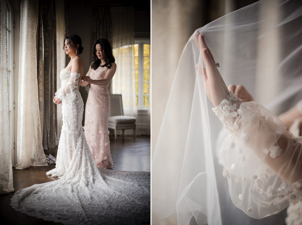 At a Park Chateau wedding, a bride in an off-shoulder gown has her dress adjusted by another woman in a pink dress. A close-up reveals the intricate detailing on the sleeve and veil, highlighting the elegance of the moment.