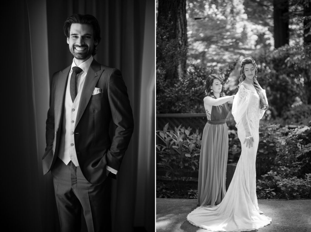 Left image: A man in a suit smiles with his hands in his pockets. Right image: At a Nestldown wedding, a woman assists another woman with her wedding dress in an enchanting outdoor forest setting.