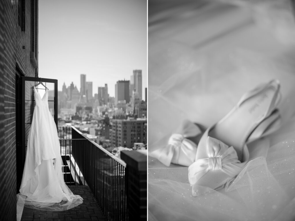 wedding dress on Bowery Hotel rooftop with close up of bridal shoes next to it