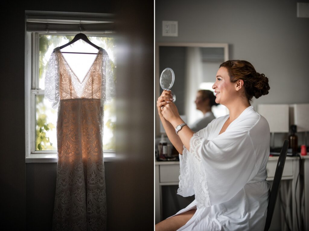 Wedding gown hangs on window as bride gets ready