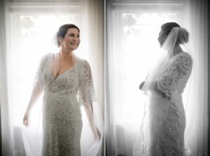 Bride smiles in mirror reflection