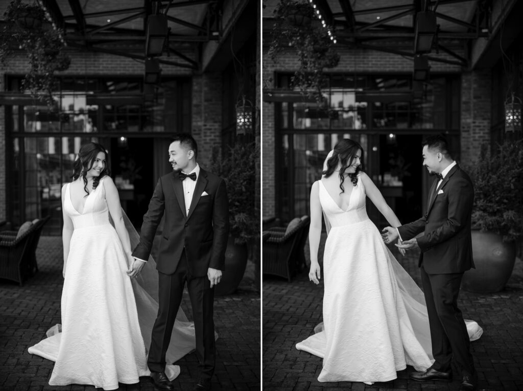 side by side of bride and grrom looking and smiling at each other at wedding venue