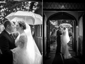 Two images of bride and groom under umbrella