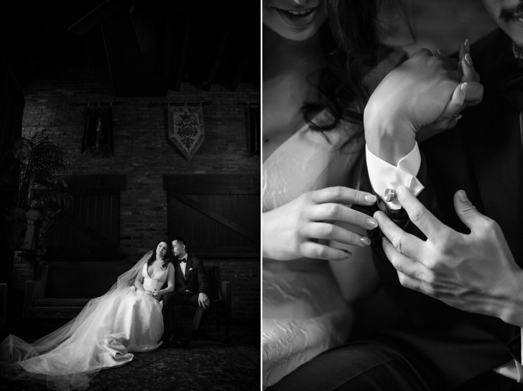 wedding couple sat next to each other at the Bowery hotel with additional close up of grooms cuffs being touched by bride.