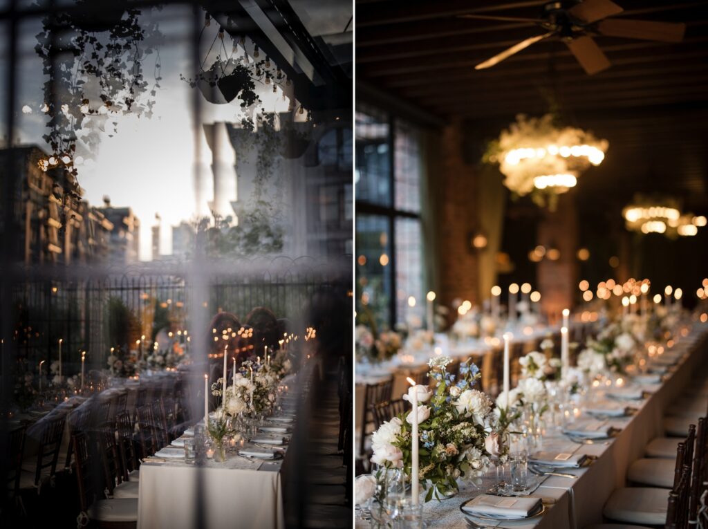 wedding table set for Bowery Hotel wedding with same table looking through venue window