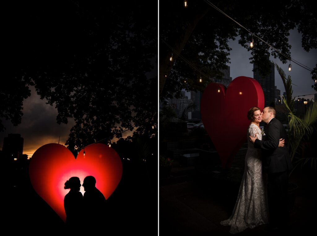 Bride and groom with love heart background