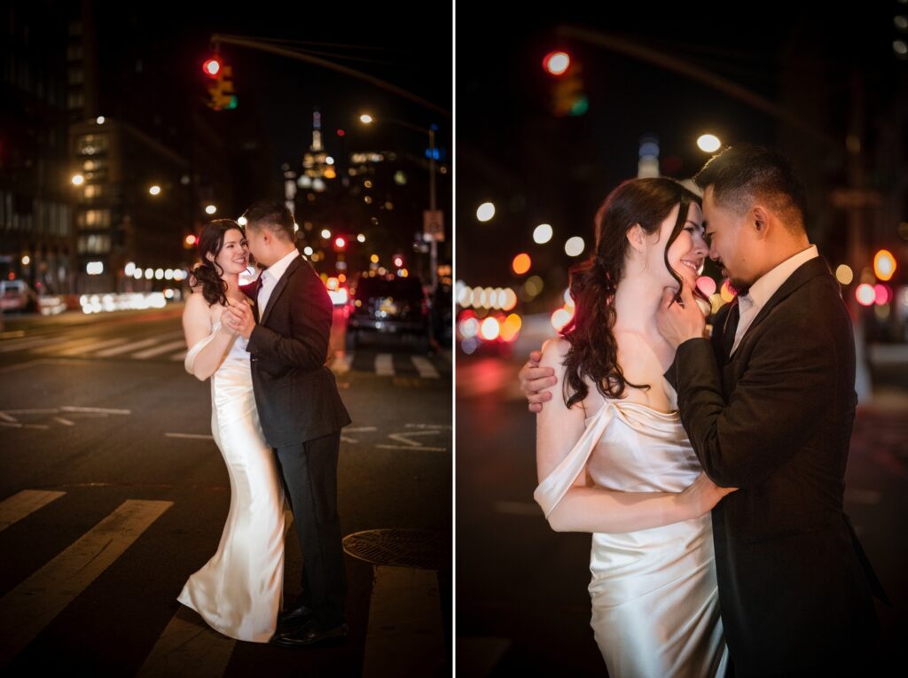 Married couple dance on Manhattan street in wedding outfits