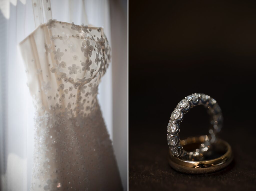 Close-up of a wedding dress with floral embellishments on the left and a set of wedding rings with diamond accents on the right, perfect for an elegant Liberty Warehouse wedding.