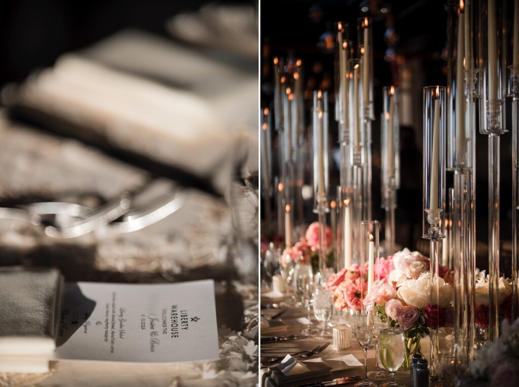 A Liberty Warehouse wedding reception table setup features a close-up of the wedding program on the left and elegant tall candle decorations with floral arrangements on the right.