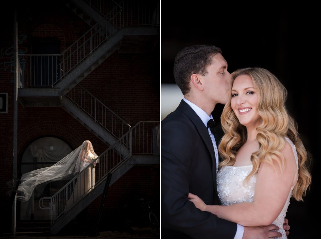 A bride in a veil stands on the stairs at Liberty Warehouse in one photo, while in the other, she smiles as her groom kisses her forehead.