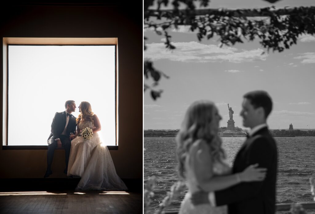 A couple in wedding attire sit by a large backlit window on the left and embrace by the waterfront with the Statue of Liberty in the background on the right, capturing their Liberty Warehouse wedding moments.