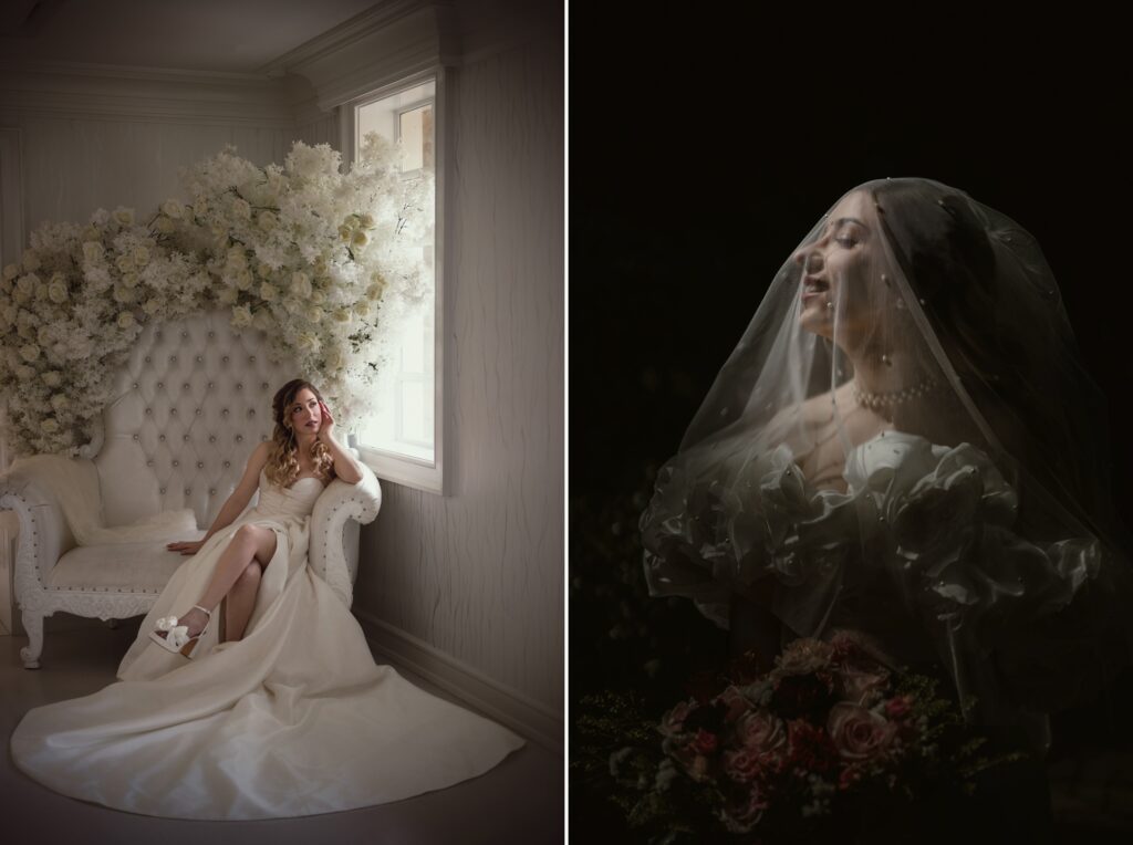 Two images: the left shows a bride seated on a white upholstered chair next to a window, with a backdrop of flowers; the right captures the same bride in an elegant, dark setting, wearing a veil and holding a bouquet. This luxury summer NJ wedding exudes timeless romance and sophistication.