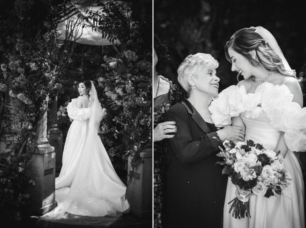 Black and white image split into two. On the left, a bride stands under a floral arch at her luxury summer NJ wedding, and on the right, she smiles at an elderly woman while holding a bouquet.