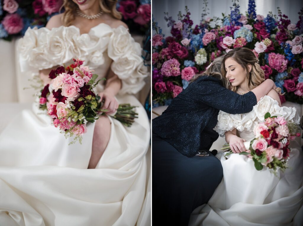 Two women in elegant attire are shown. On the left, one holds a colorful floral bouquet. On the right, they embrace amid a lavish background adorned with various flowers, capturing the essence of a luxury summer NJ wedding.