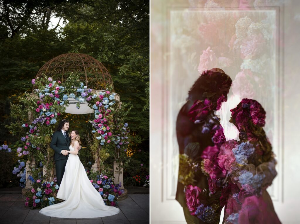 A couple stands under a flower-covered arch, posing for a photo. Beside it, their silhouettes are overlaid with vibrant floral patterns, creating a romantic effect. This luxury summer NJ wedding perfectly captures the essence of an enchanting celebration.