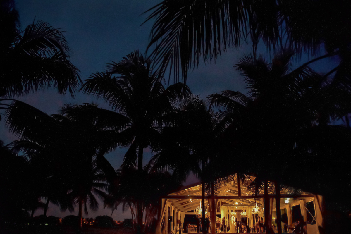 An illuminated event tent, perfect for those pondering how to plan a wedding, is surrounded by silhouetted palm trees against a dark evening sky.