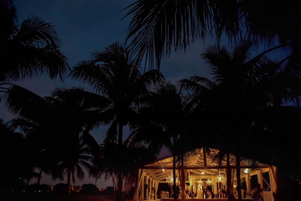 A tent illuminated at night stands among silhouetted palm trees against a dark sky, creating a picture-perfect setting straight out of a guide on how to plan a wedding weekend.