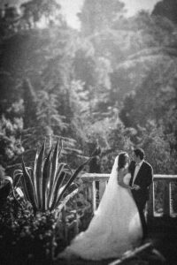 A bride and groom lean into one another surrounded by greenery.