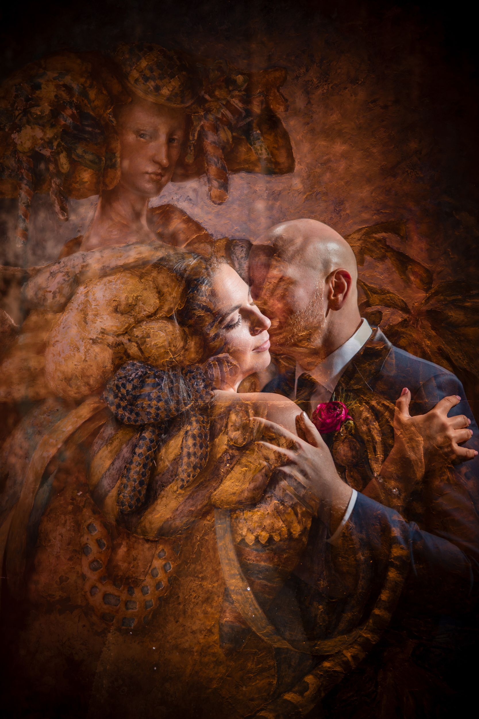 A man and woman embrace and kiss, overlaid with the image of a woman in ornate, historical attire—evoking the romantic, layered artistry often seen at an Angel Orensanz Wedding, all in warm, earthy tones.