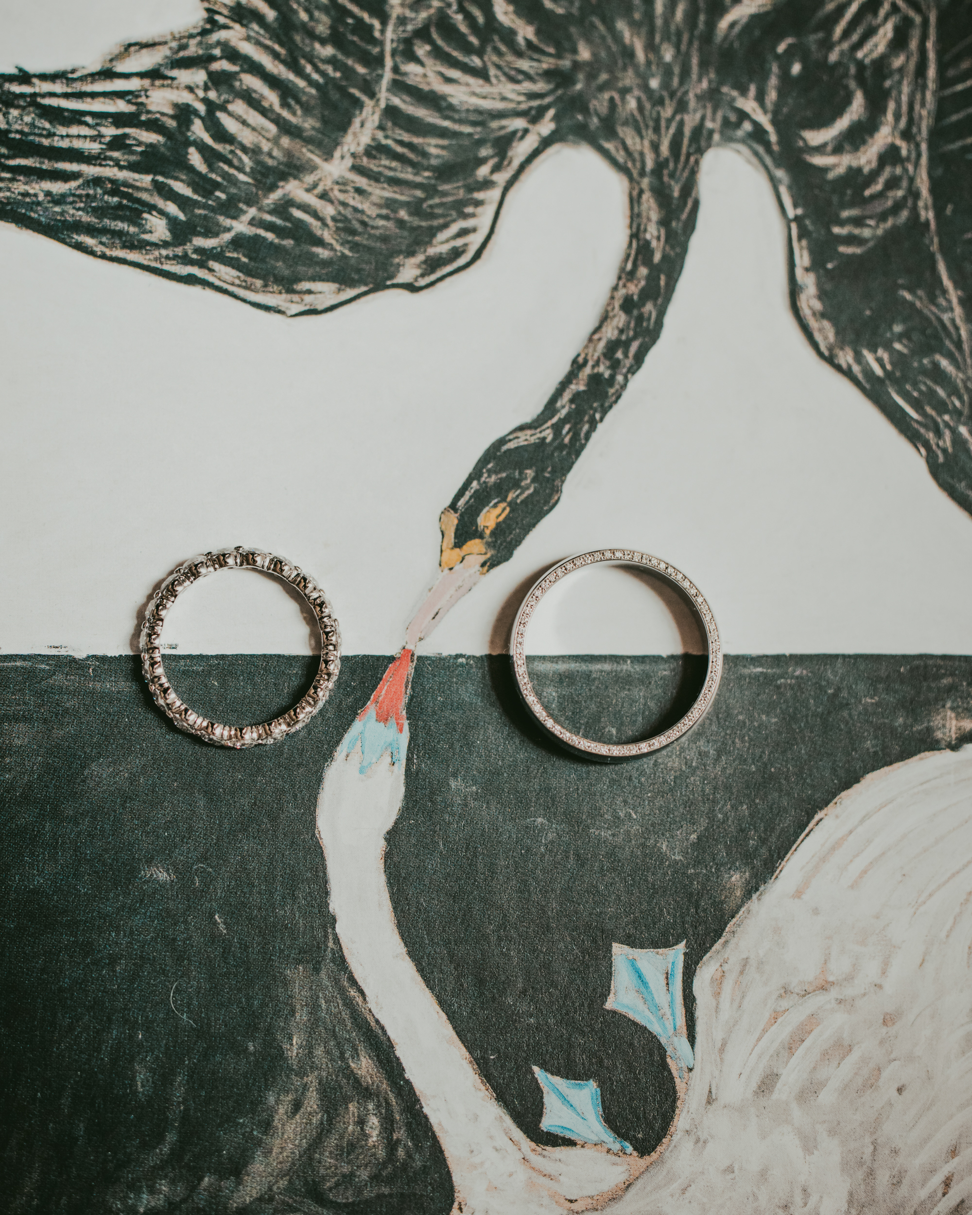 Two diamond rings are placed on an illustration of a black swan and a white swan, with each ring positioned near the swan's head—perfect symbolism for a wedding at XIX in Philadelphia.