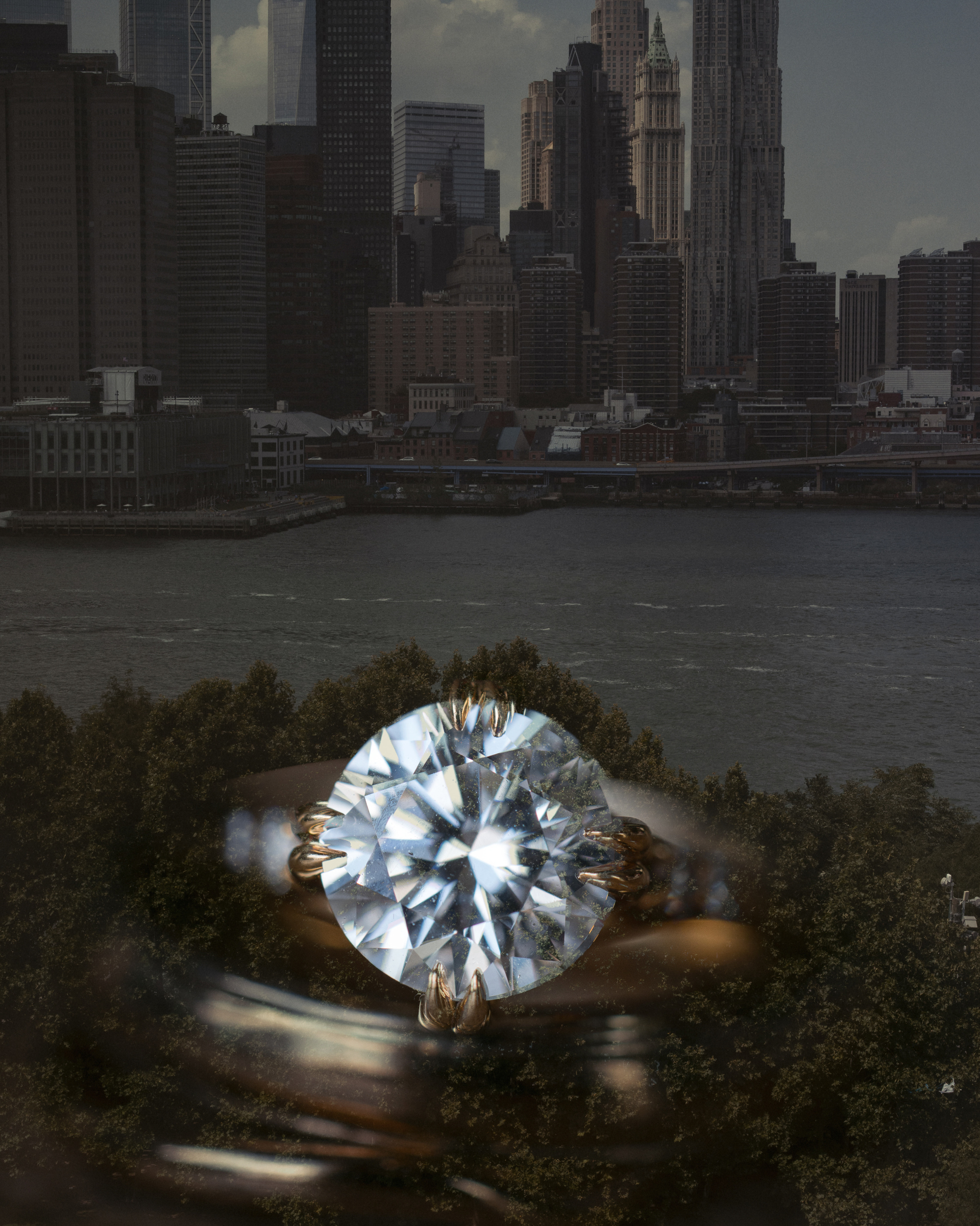 A large diamond ring in the foreground with a city skyline and river in the background, partially obscured by trees, evokes the elegance of a Brooklyn Botanic Garden Palm House wedding.