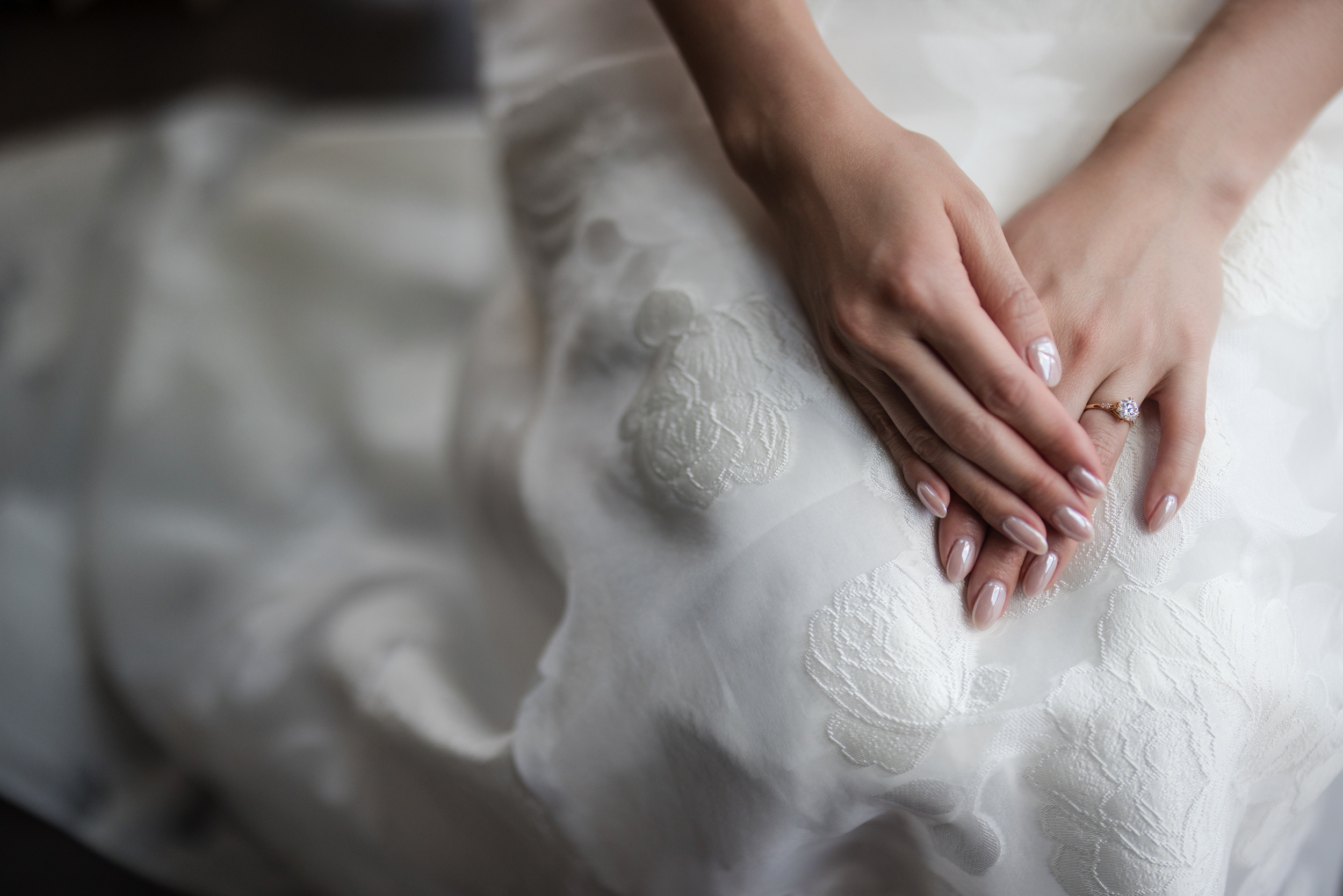 Close-up of a person’s hands with manicured nails resting on a white embroidered fabric, possibly a wedding dress, with a ring visible on one finger—capturing an intimate moment before a Brooklyn Botanic Garden Palm House wedding. Close-up of a bride's hands with manicured nails resting on a white embroidered fabric, possibly a wedding dress, with a ring visible on one finger—capturing an intimate moment before a Brooklyn Botanic Garden Palm House wedding.