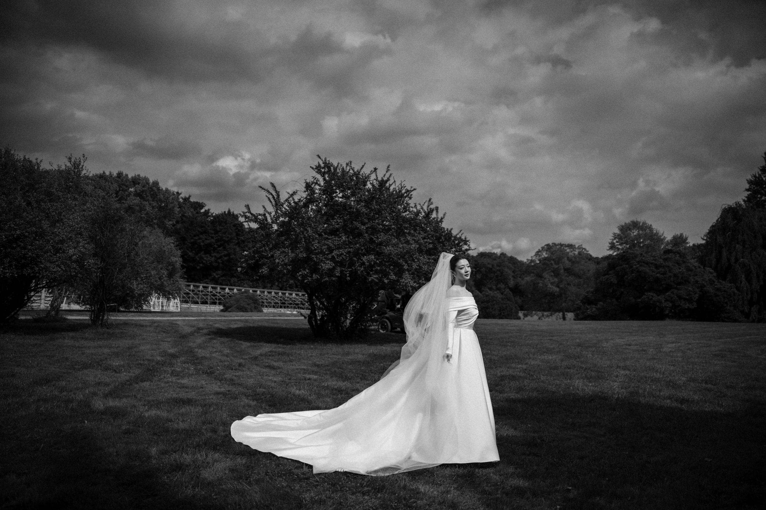 A woman in a wedding dress and veil stands on a grassy field with trees in the background under a cloudy sky, embodying the timeless elegance of a Lyndhurst Mansion wedding.