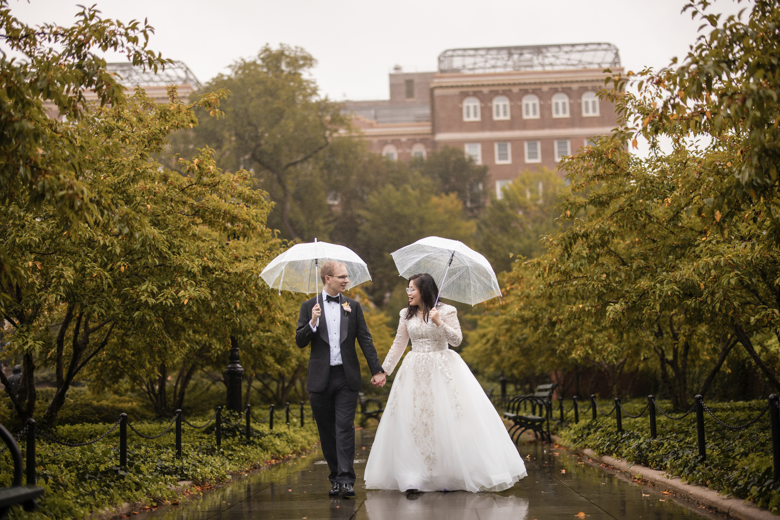 A bride and groom walk hand in hand on a rainy day, holding clear umbrellas, surrounded by green trees and wet pavement in the park during their Conservatory Garden wedding.