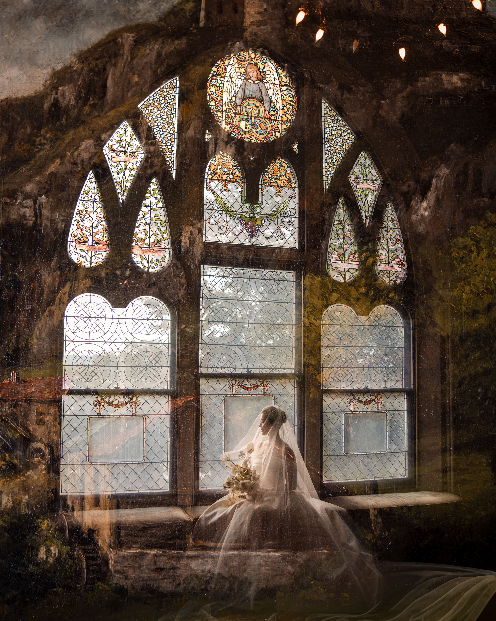 Bride in a white gown sits before large stained glass windows in a church at her Lyndhurst Mansion wedding, holding a bouquet, with outside scenery visible through the glass.